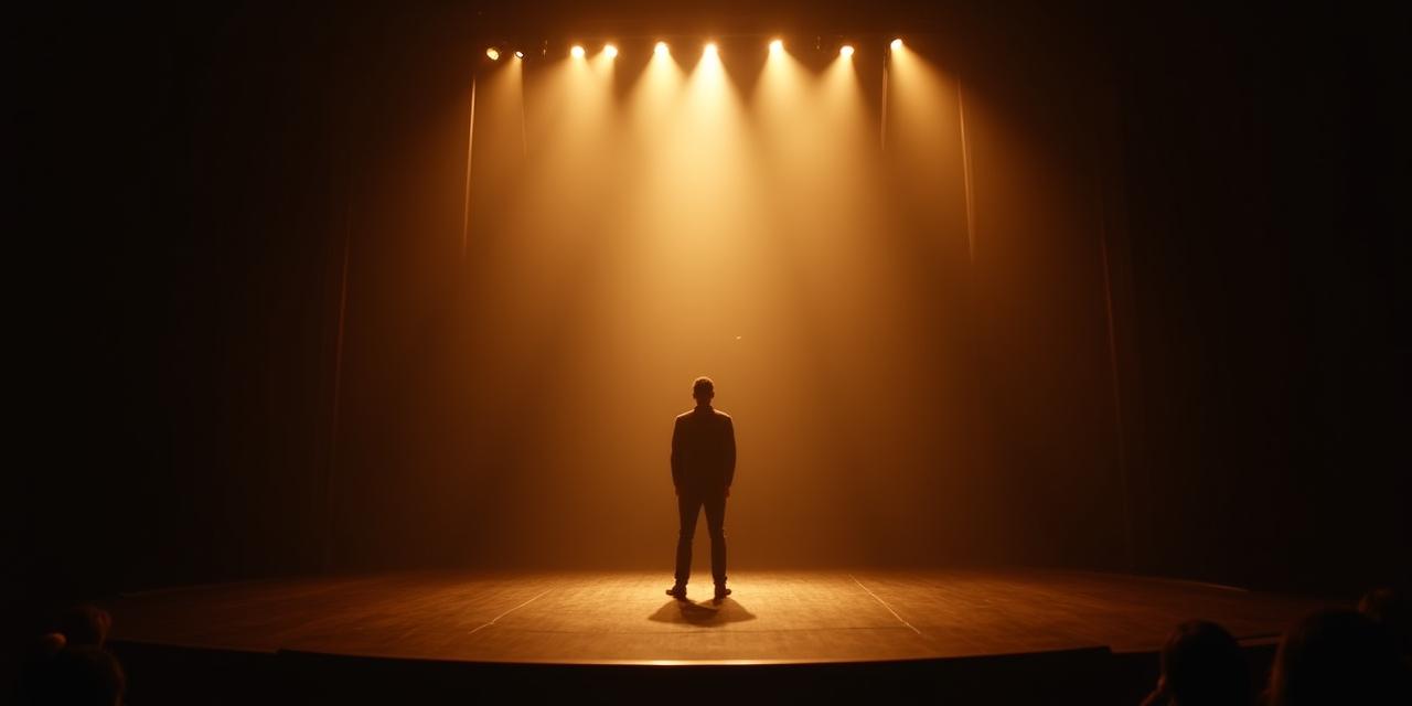 Attore in scena sotto luci teatrali soffuse